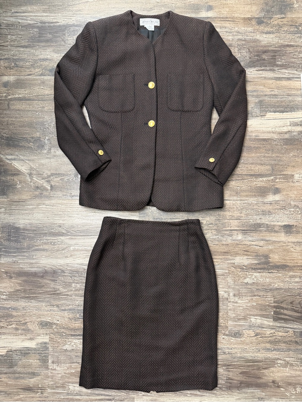 Jones Wear Vintage Classic Brown Black Wool Blend Herringbone Knit Skirt Suit